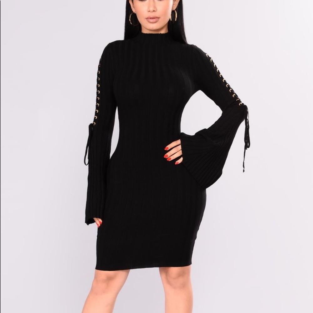 Black Knit Mock Neck Bell Sleeved Dress Small - Picture 1 of 4